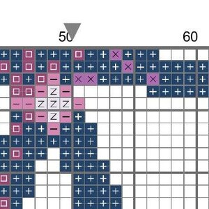 May include: A black and white cross stitch pattern with the letters "Z" and "ロ" in the center. The pattern is surrounded by a border of plus signs.
