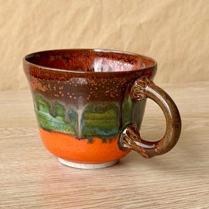 Handmade copper rim and orange base, green glaze, Large Stoneware Coffee Cup, Wheel Thrown Pottery Mug, Colourful Tea Cup | Artisan Gift