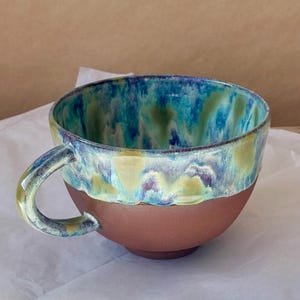 Handmade Ocean Mist Ceramic Mug large | Wheel Thrown Pottery big Cup | Blue, Aqua & Lime Glazed Coffee Mug | Unique Artisan Tea Cup 450ml