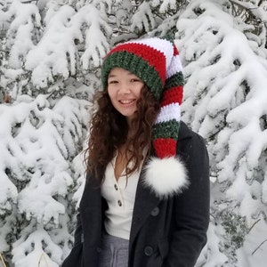 2 Pack Christmas Elf Hats for Adults, Striped Holiday Beanies with Green Pom  Poms