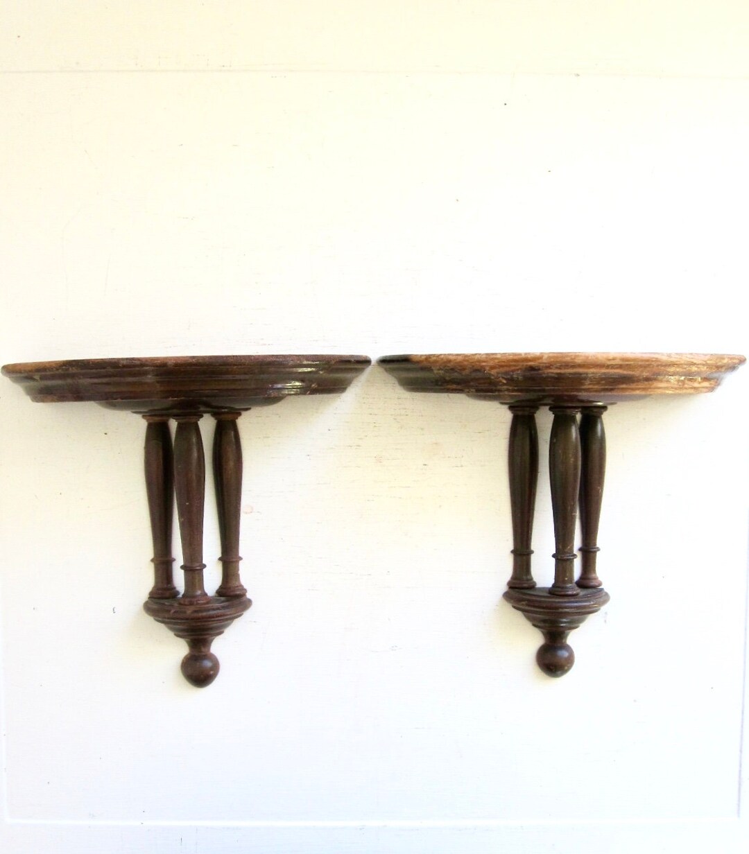 Vintage Wall Shelves Brown Wood Pair Ornate Shelf Turned Etsy