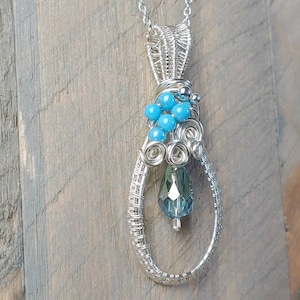 Silver Pendant Icy Blue Sparkle - Wire Wrapped Jewelry - Gift for her - Unique Jewelry