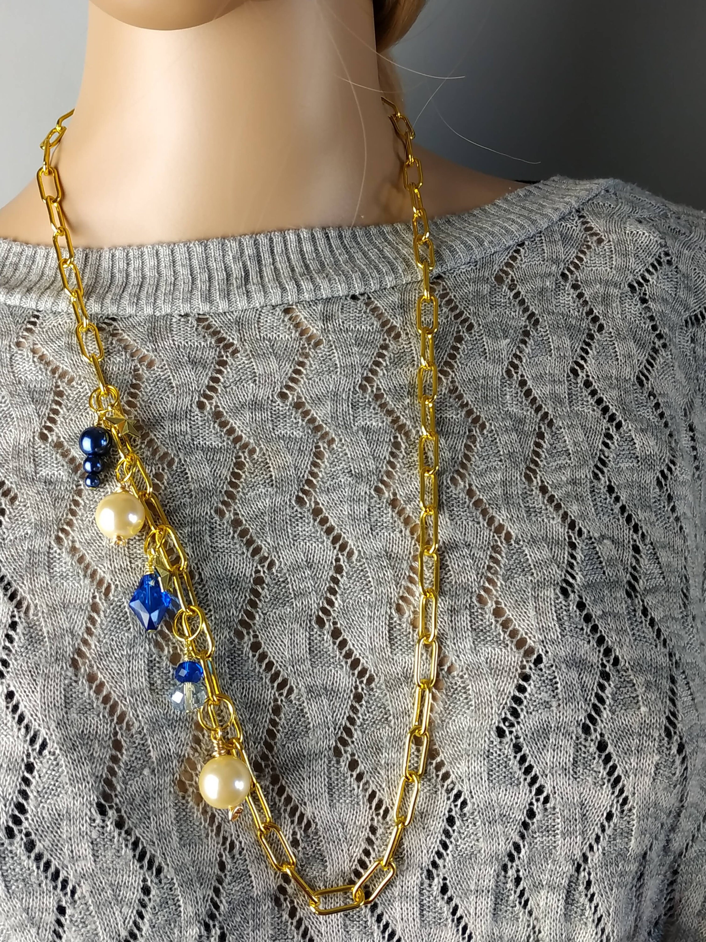 Paper Clip Chain Necklace With Asymetrical Blue and Pearl Charms Etsy