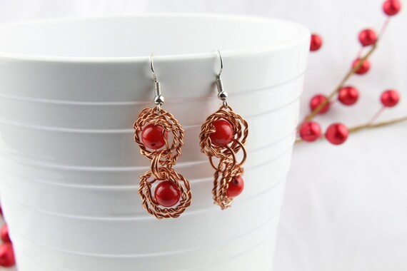 Red Coral Copper Swirly Earrings, Gift for Her, Hypoallergenic Ear