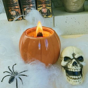 Spooky Halloween Pumpkin Candle Jars | Halloween Fragrances | Wooden Wick | Ceramic Orange Pumpkin Jars