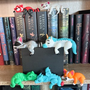 May include: A collection of colourful bookends featuring a variety of animal designs, including a raccoon, unicorn, dragon, chameleon, and a corgi. The bookends are displayed on a bookshelf with a variety of books.
