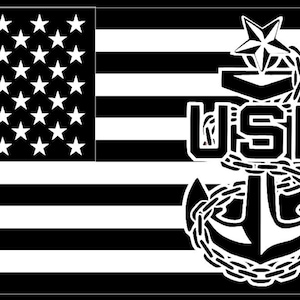 May include: Black and white image of the United States flag with a white anchor and the letters "USN" in the center.