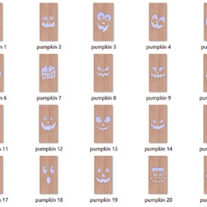 May include: Twenty wooden pumpkin shapes with different carved faces. The pumpkins are arranged in five rows of four. Each pumpkin has a different facial expression, including smiling, frowning, surprised, and angry.