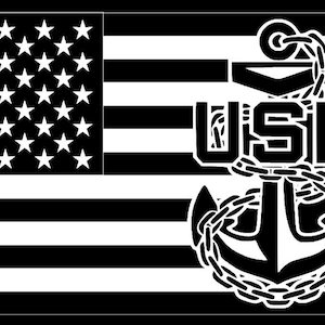 May include: Black and white image of the United States flag with a white anchor and the text "USN" in the center.