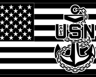 May include: Black and white image of the United States flag with a white anchor and the text "USN" in the centre.