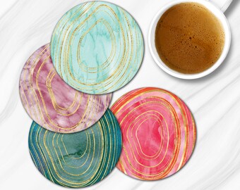 Beautiful Housewarming Gift Set of 4 Coasters Free Shipping Blue and Gold Faux Agate Pattern Coasters