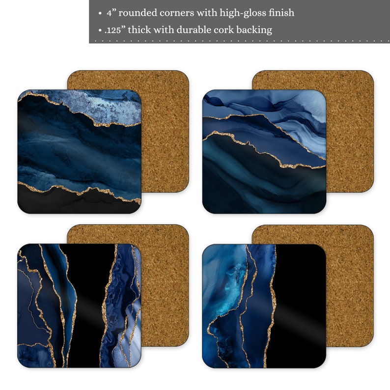 Beautiful Housewarming Gift Set of 4 Coasters Free Shipping Blue and Gold Faux Agate Pattern Coasters