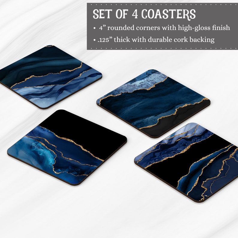 Beautiful Housewarming Gift Set of 4 Coasters Free Shipping Blue and Gold Faux Agate Pattern Coasters