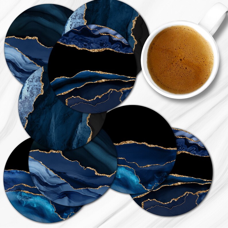Beautiful Housewarming Gift Set of 4 Coasters Free Shipping Blue and Gold Faux Agate Pattern Coasters