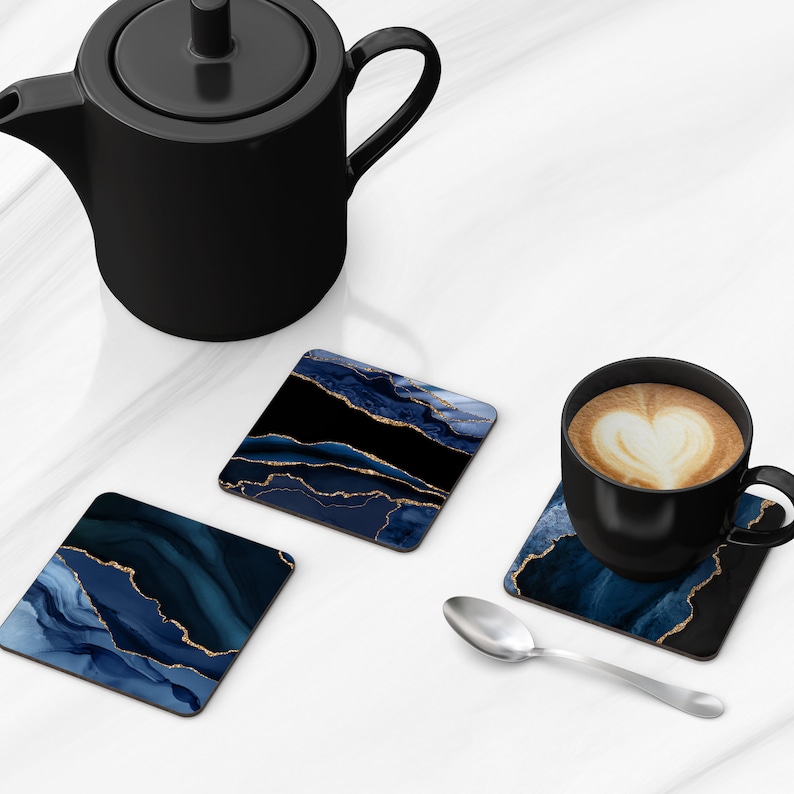 Beautiful Housewarming Gift Set of 4 Coasters Free Shipping Blue and Gold Faux Agate Pattern Coasters
