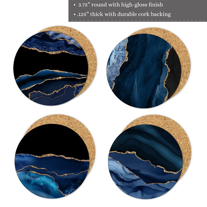 Beautiful Housewarming Gift Set of 4 Coasters Free Shipping Blue and Gold Faux Agate Pattern Coasters