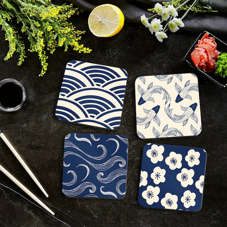 Japanese Patterned Coasters Set of Four Wabi Sabi Coasters Etsy