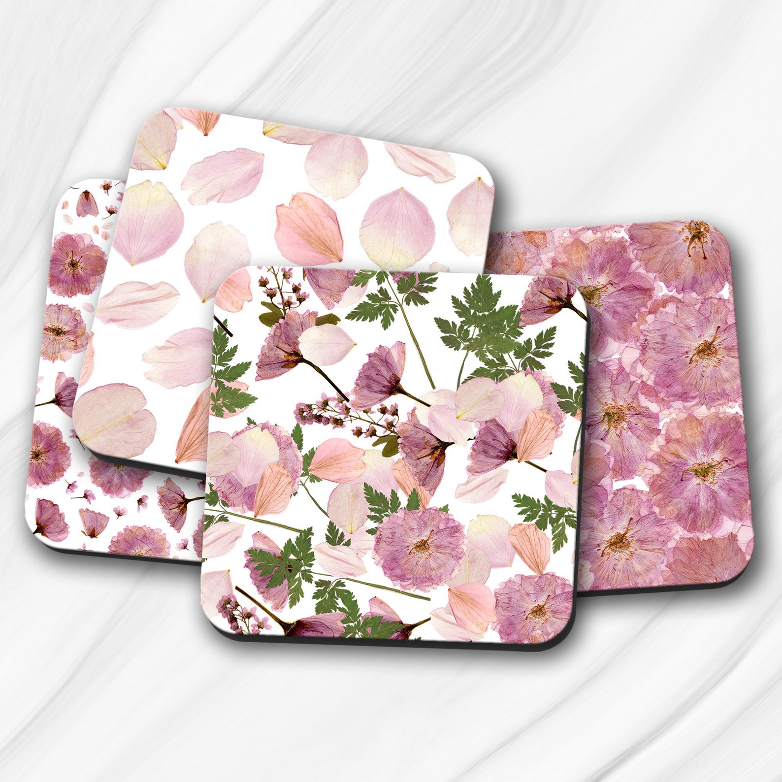 Pink Flowers Coasters Set of Four Floral Print Coasters Etsy UK