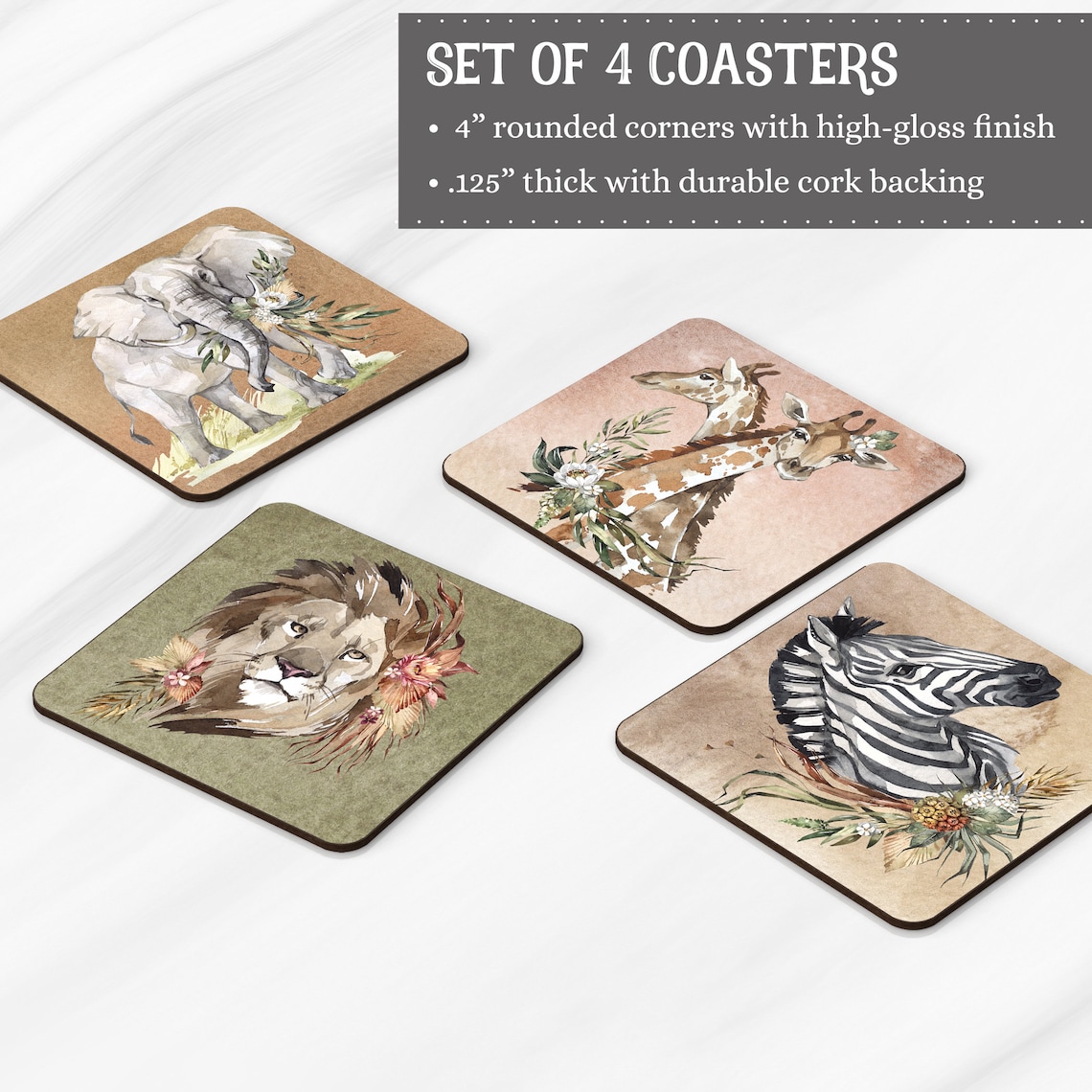 Set of Four Safari Animal Coasters Wood Coaster Stand Etsy