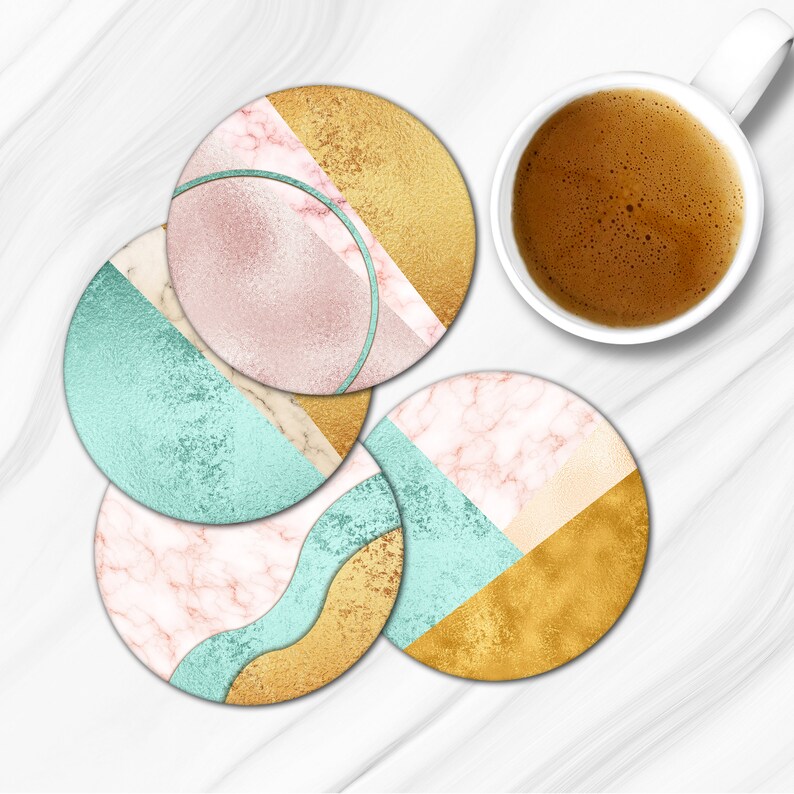 Modern Housewarming Gift Free Shipping Mint Green Gold and Pink Faux Metallic and Marble Pattern Coasters Wood Coaster Stand Available