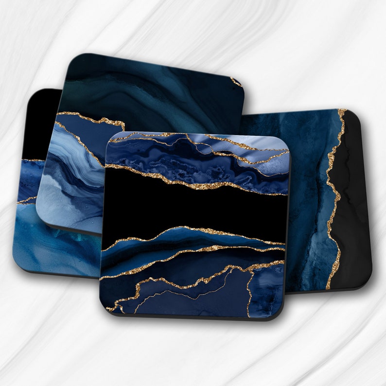 Beautiful Housewarming Gift Set of 4 Coasters Free Shipping Blue and Gold Faux Agate Pattern Coasters