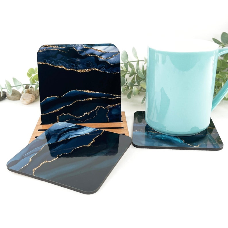 Blue and Gold Pattern Coasters Set of 4 Coasters Beautiful Etsy