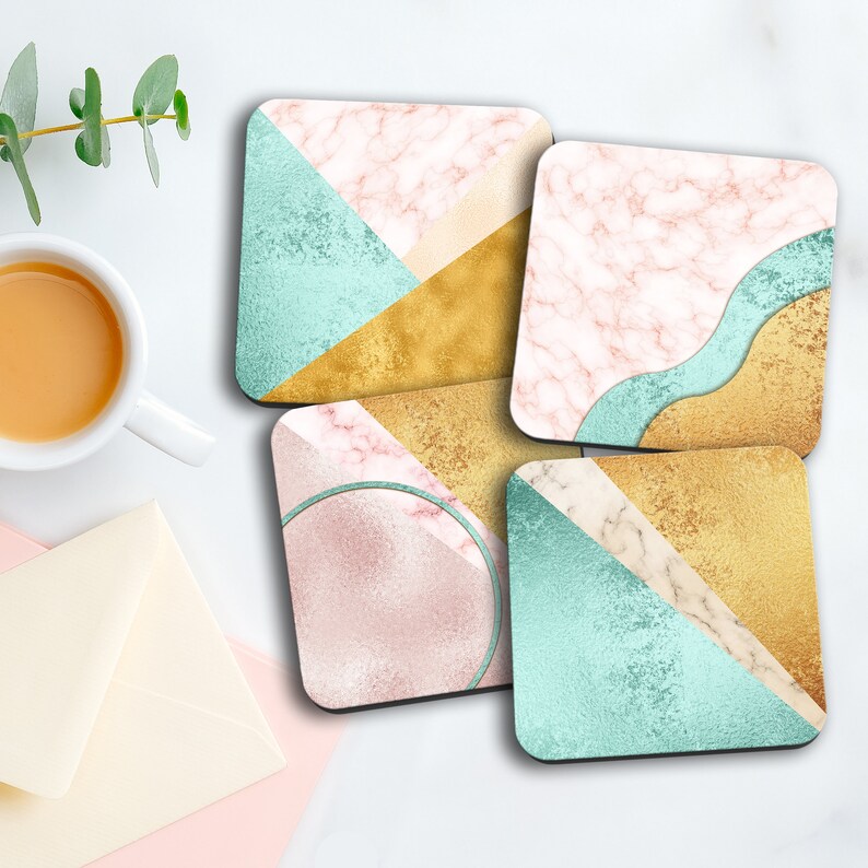 Modern Housewarming Gift Free Shipping Mint Green Gold and Pink Faux Metallic and Marble Pattern Coasters Wood Coaster Stand Available