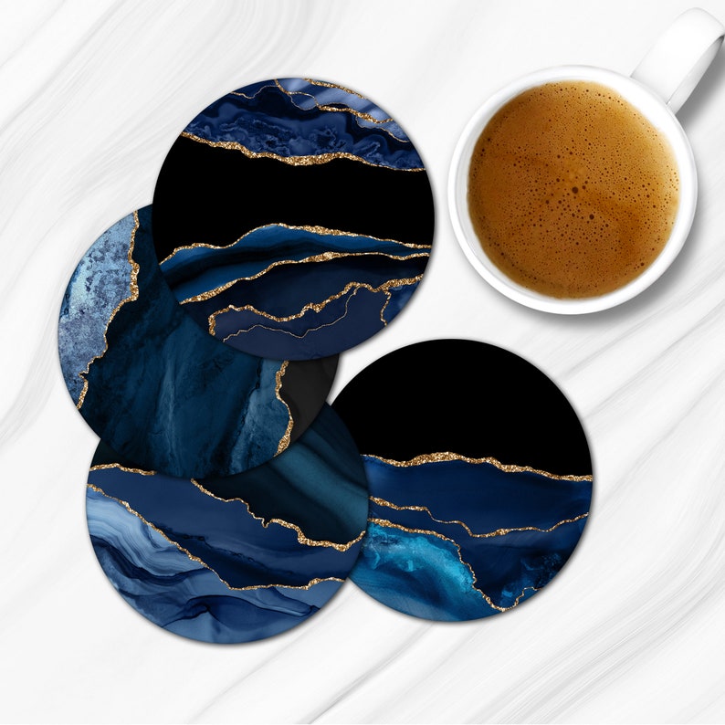 Beautiful Housewarming Gift Set of 4 Coasters Free Shipping Blue and Gold Faux Agate Pattern Coasters