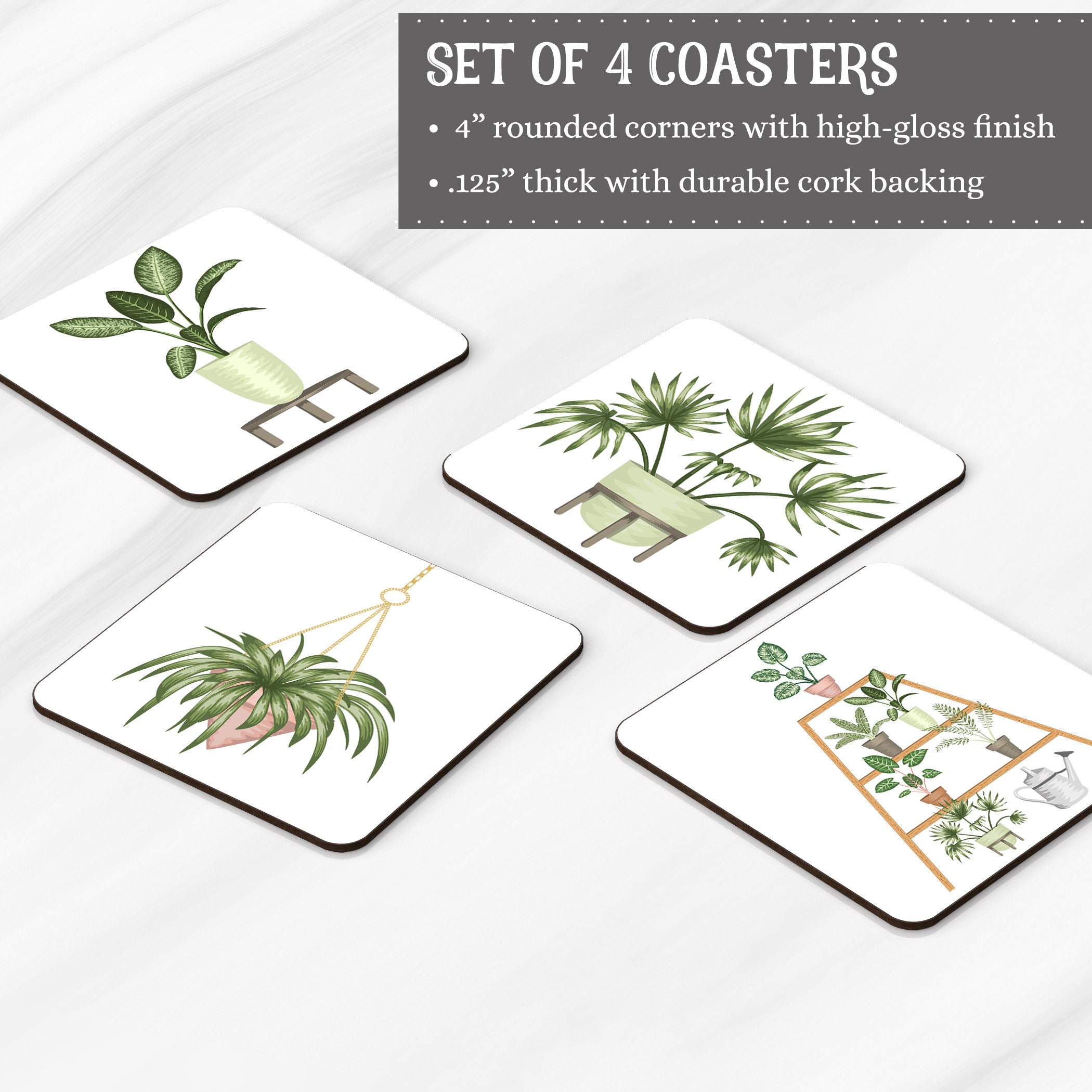 House Plants Coasters Set of 4 Coasters Cute Plant Mom Etsy