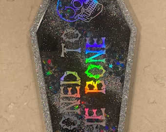 Holographic Glitter Coffin Resin Tray: Black & Silver Altar Decor