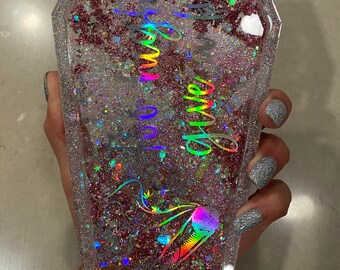 Pink Foil and Holographic Glitter Coffin Offensive Resin Tray / Rolling Tray / Trinket Tray / Altar Tray