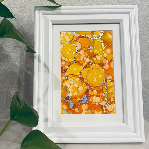 SUNSHINE Alcohol Ink and Iridescent Holographic Reactive Foil 5x7 Framed Art / Home Decor / Painting on Yupo Paper