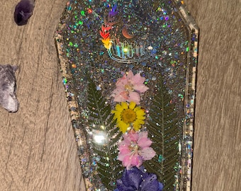Floral Holographic Glitter Coffin Resin Tray: Altar/Rolling/Trinket Tray