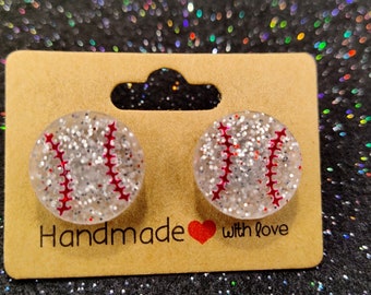 Baseball resin earrings, glitter Baseball earrings, sparkle Baseball earrings, sports earrings, baseball earrings, stud basball earrings