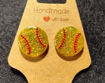 Softball clip on earrings, softball resin earrings, softball glitter earrings, clip on softball earrings, yellow softball earrings, resin