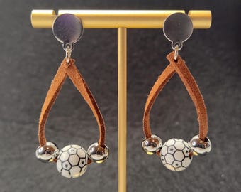 Soccer earrings, leather soccer earrings, soccer bead earrings, soccer charm earrings, soccer jewelry, silver earrings, stainless steel.