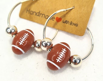 Football earrings, hoop earrings, football jewelry, football, charm hoop earrings,  silver , hoops, free shipping, sports