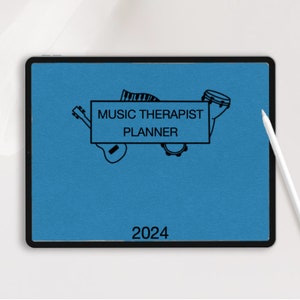 May include: A digital tablet with a blue textured screen displays a "MUSIC THERAPIST PLANNER" graphic, featuring musical instruments. A white stylus rests on the right. The year "2024" is at the bottom. The tablet has a black border.