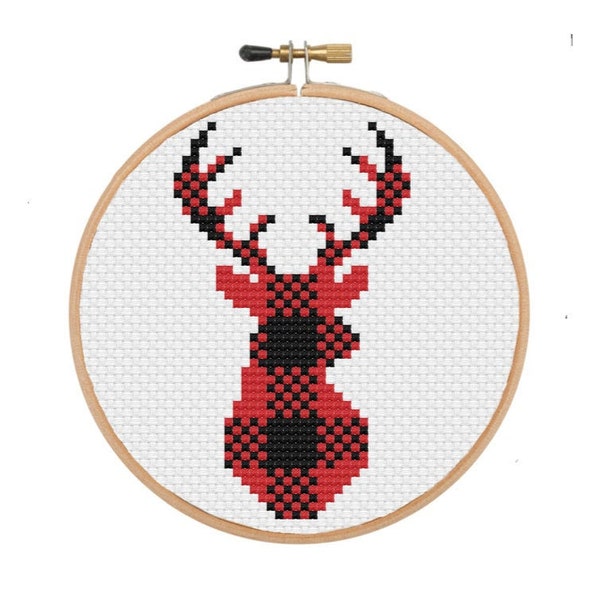 Buffalo Plaid Deer Cross Stitch Pattern, Modern Cross Stitch Chart, Easy Cross Stitch PDF, Cute Cross Stitch Ornament, Instant Download