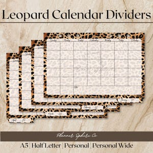 May include: Four planner calendar dividers with a leopard print pattern. Each divider features a monthly grid with days of the week, a notes section, and a tab labeled with the months January 01, February 02, March 03, and April 04.