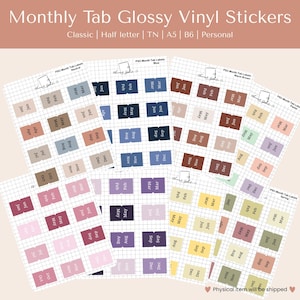 May include: Sheets of glossy vinyl stickers with monthly tabs in various colors. The stickers are labeled with the months of the year and are designed for planners. The text "Monthly Tab Glossy Vinyl Stickers" is at the top.