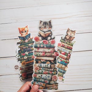 Cat Bookmarks for Book Lovers Handmade Bookmarks Set of 3 with Floral Vintage Book Stack Page Flags
