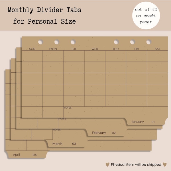 Separadores de tamaño personal con calendarios mensuales sin fecha en papel cuadriculado para agenda de 6 anillas. Insertos para agenda de tamaño personal.