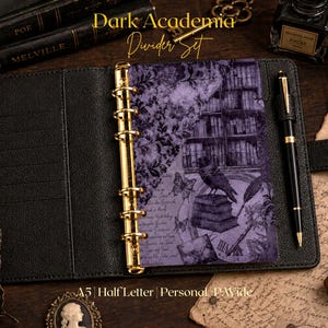 May include: A black leather six-ring binder with gold hardware containing a purple divider featuring a collage of a library, a raven on books, butterflies, and script text. A black pen is held in the side loop of the binder cover.