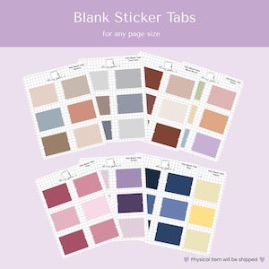 May include: Several sheets of blank sticker tabs in various colors, including neutral, cool, and warm tones, are displayed. The text "Blank Sticker Tabs" and "for any page size" is at the top. Each sheet has a grid pattern and is labeled with color names.