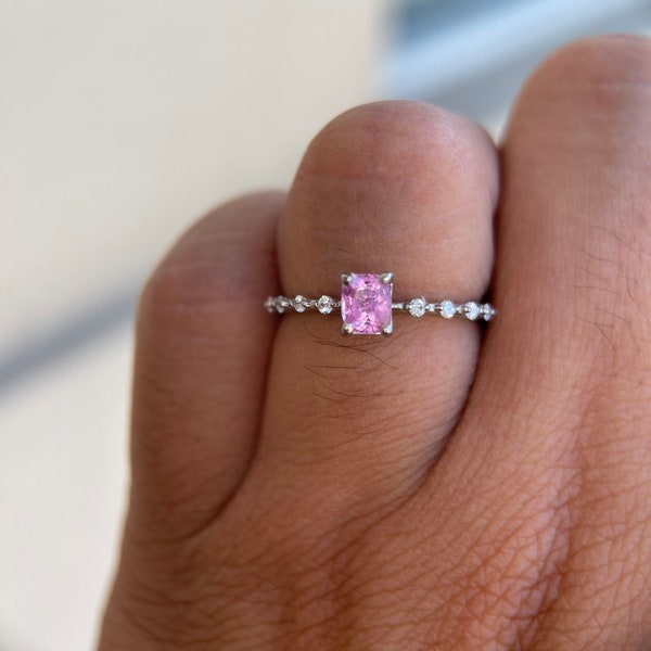 Pink Sapphire Diamond Ring 14K Solid Gold/Birthstone Stackable Diamond Ring/Maddie Diamond Setting