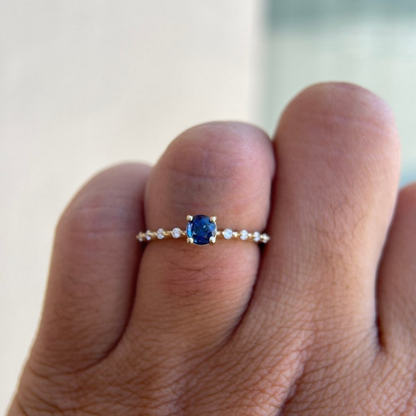 Ceylon Sapphire Diamond Ring 14K Solid Gold/Birthstone Stackable Diamond Ring/Maddie Diamond Setting