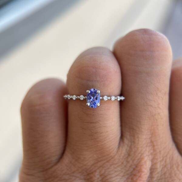 Tanzanite Diamond Ring 14K Solid Gold/Birthstone Stackable Diamond Ring, Maddie Diamond Setting