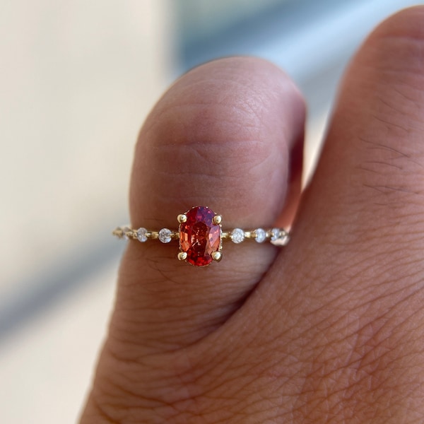 Orange Sapphire Diamond Ring 14K Solid Gold/Birthstone Stackable Diamond Ring/Maddie Diamond Ring