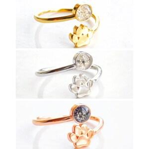 Ashes Ring Cremation Jewelry for Paw Print Dog Cat Pet - Adjustable - Silver Yellow Gold Rose Gold
